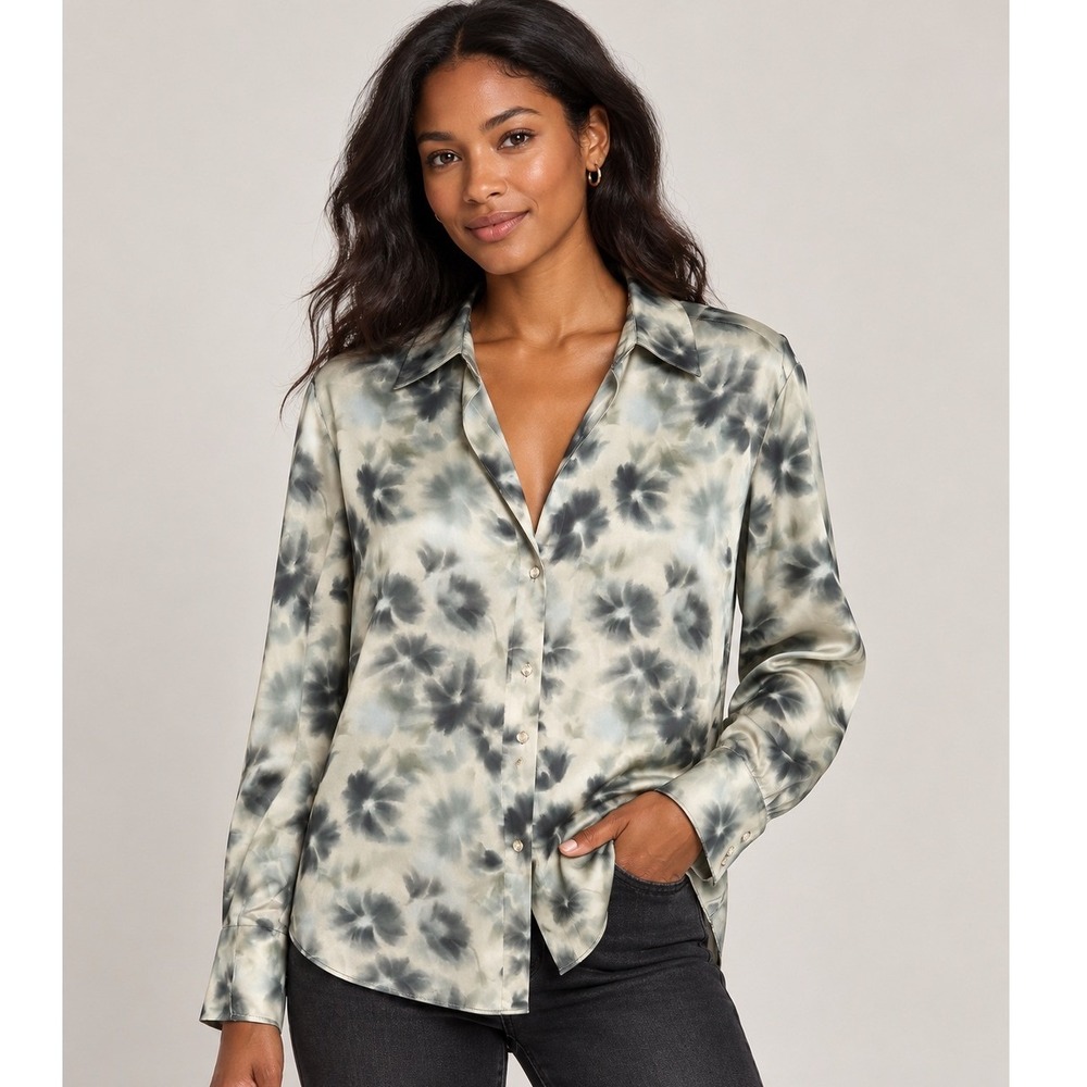 Zara Satin Floral Blouse Size M Gray Green Button Front Long Sleeve Shirt